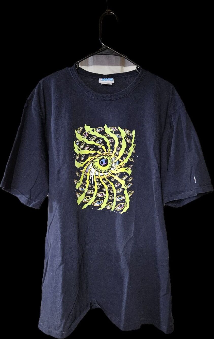 Champion T-Shirt Men XL Vintage Y2K Yellow Eye Spiral Graphic Navy Blue